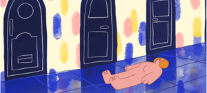Mixed media illustration of a woman lying on the floor in front of one of three blue doors.