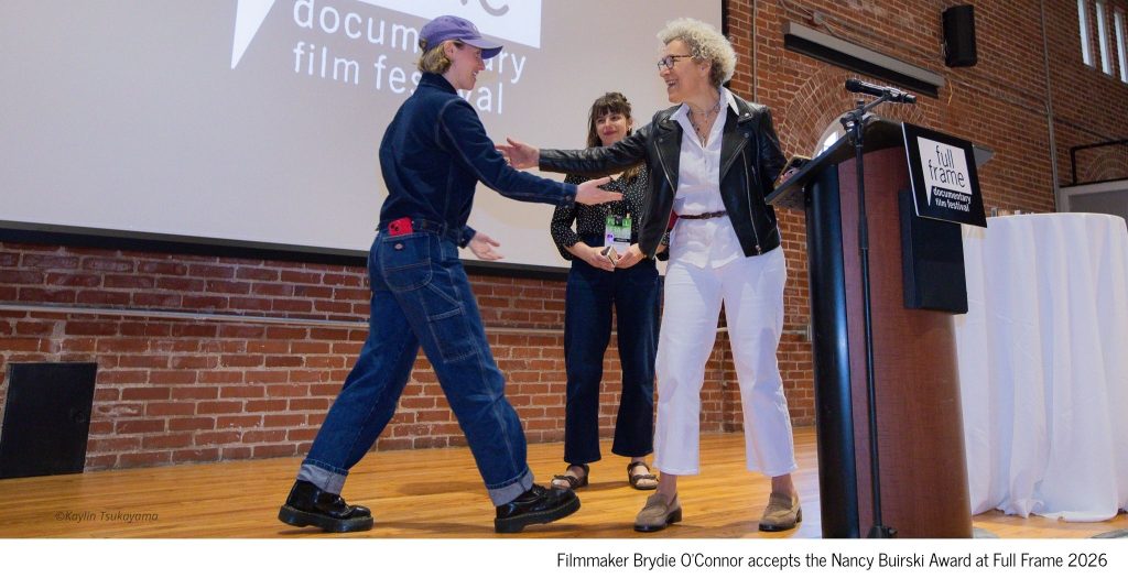 Filmmaker Brydie O'Connor accepts the Nancy Buirski Award at Full Frame 2026